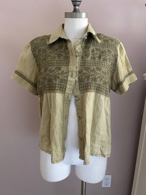 Vintage Light Green Linen Embroidered Beige Short-Sleeve Button-Up Shirt L